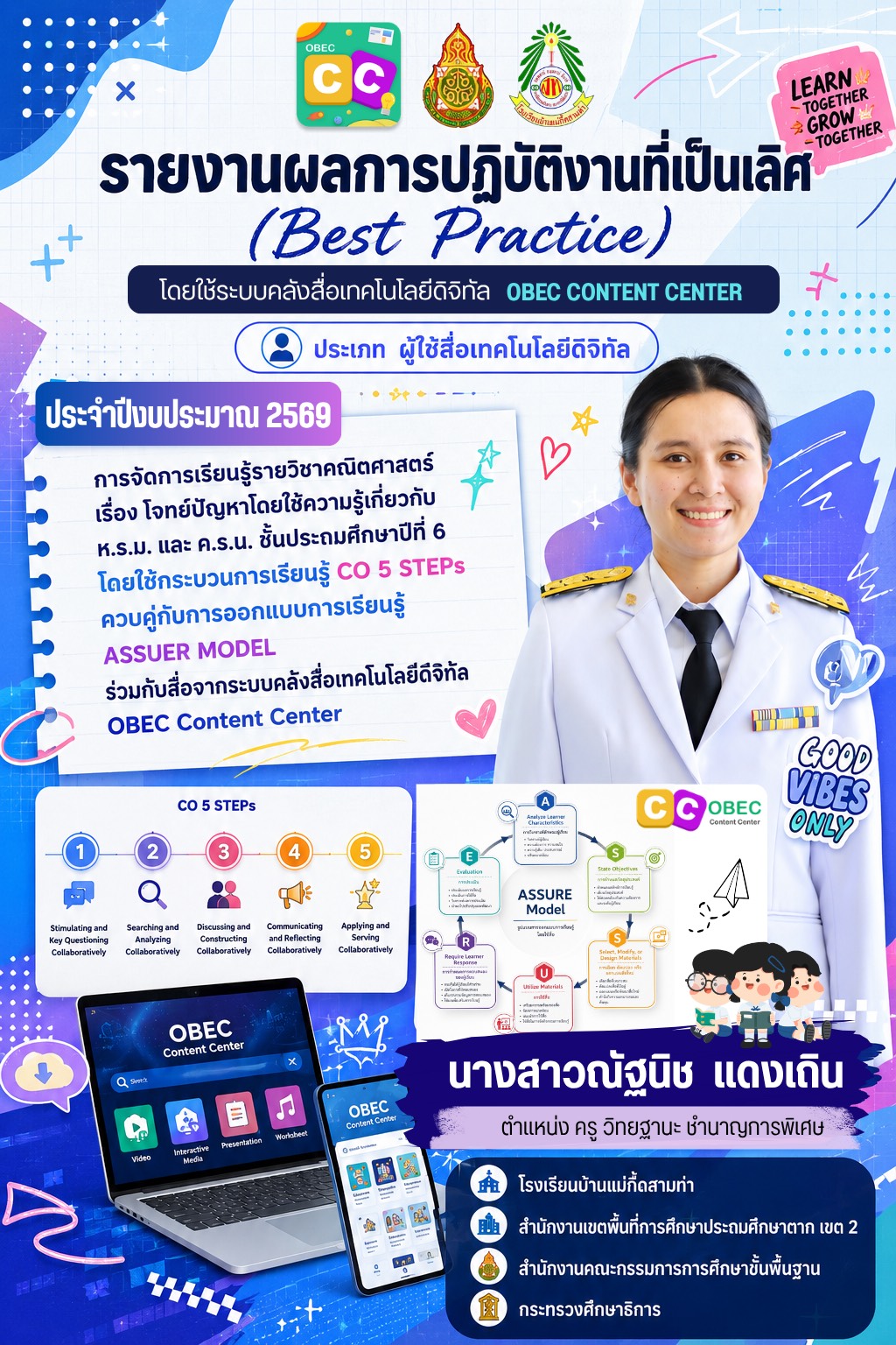 การจัดการเรียนรู้รายวิชาคณิตศาสตร์ เรื่อง โจทย์ปัญหาโดยใช้ความรู้เกี่ยวกับ ห.ร.ม. และ ค.ร.น. ชั้นประถมศึกษาปีที่ 6 โดยใช้กระบวนการเรียนรู้ CO 5 STEPs ควบคู่กับการออกแบบการเรียนรู้ ASSUER MODEL ร่วมกับสื่อจากระบบคลังสื่อเทคโนโลยีดิจิทัล OBEC Content Center
